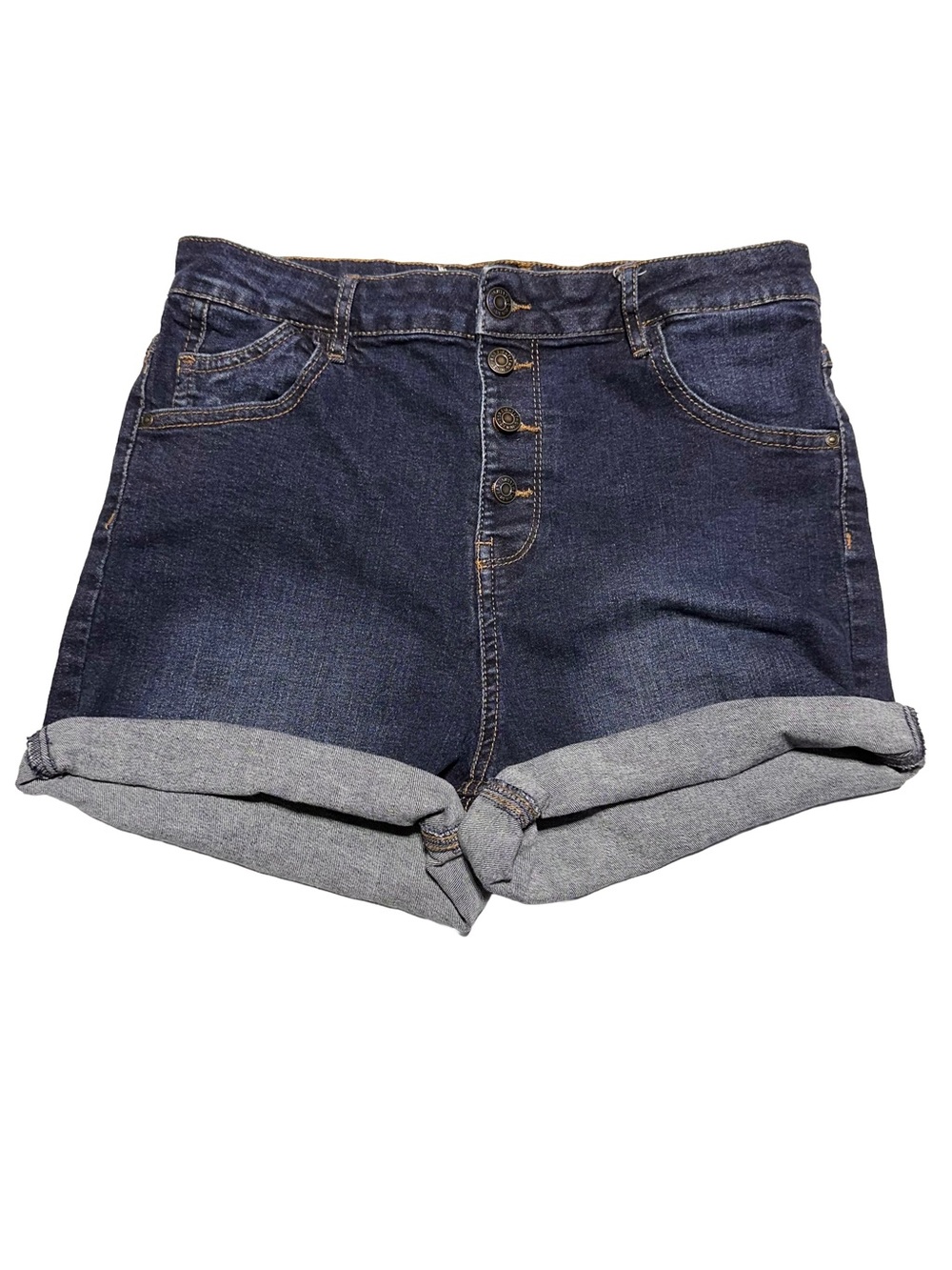 Dark Wash High Rise Button Fly Denim Jean Shorts Rolled Cuff L